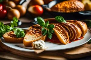 grilled bread with tomato sauce and herbs on a plate. AI-Generated photo