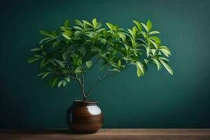 un pequeño planta en un marrón florero en un mesa. generado por ai foto