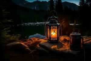 a lantern on a rock by a lake. AI-Generated photo