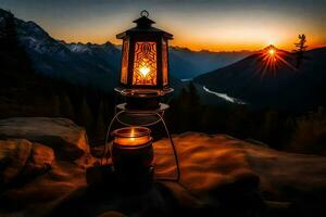 a lantern is lit on top of a mountain at sunset. AI-Generated photo