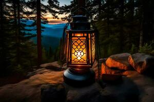 a lantern lit up on a rock in the woods. AI-Generated photo