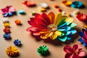 colorful paper flowers arranged on a table. AI-Generated photo