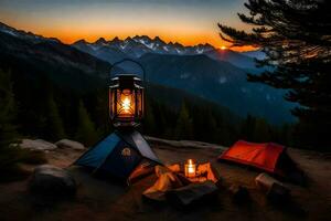 a campfire and lantern sit on the ground in front of a mountain. AI-Generated photo