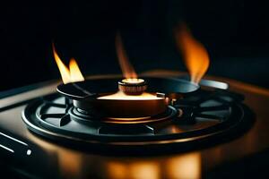 a close up of a gas stove with flames. AI-Generated photo