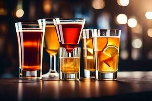 a group of different alcoholic drinks on a bar. AI-Generated photo