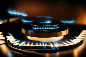 a close up of a gas stove with blue flames. AI-Generated photo