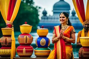 a woman in traditional indian attire sits on a chair with colorful pots. AI-Generated photo