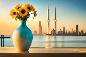 sunflowers in a vase on a table in front of the city skyline. AI-Generated photo