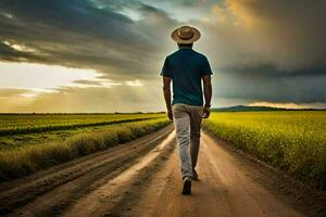 un hombre en un sombrero camina abajo un suciedad la carretera. generado por ai foto