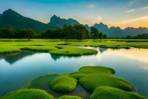 un hermosa paisaje con verde césped y agua. generado por ai foto