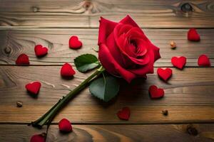 a single red rose on a wooden table with hearts scattered around it. AI-Generated photo