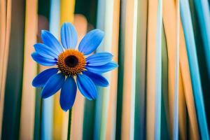 un azul flor es en pie en frente de un a rayas antecedentes. generado por ai foto