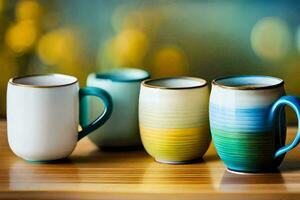 three different colored coffee cups on a table. AI-Generated photo