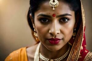 a beautiful indian woman wearing a traditional sari. AI-Generated photo