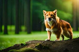 un perro en pie en un colina en el bosque. generado por ai foto