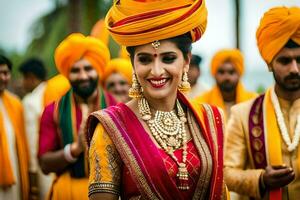 a beautiful indian bride in a yellow turban. AI-Generated photo