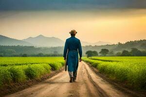 a man in a blue suit walks down a dirt road. AI-Generated photo