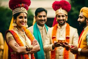 a bride and groom in traditional indian attire. AI-Generated photo