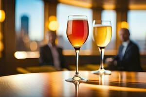 dos lentes de cerveza en un mesa en frente de un ventana. generado por ai foto