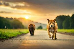 a dog and a bear walking down a road at sunset. AI-Generated photo