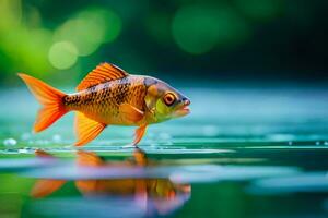 a fish is standing on the water with its reflection. AI-Generated photo