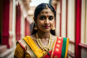un mujer en un tradicional sari poses para un retrato. generado por ai foto