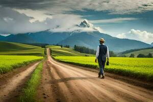 un hombre caminando abajo un suciedad la carretera en frente de un verde campo. generado por ai foto