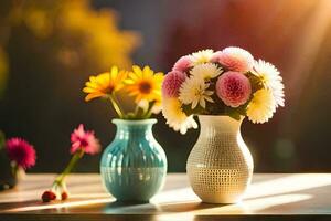 two vases with flowers on a table. AI-Generated photo