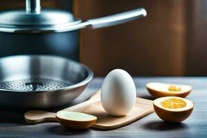 an egg, a knife and an orange on a cutting board. AI-Generated photo