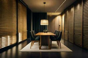 a dining room with wooden blinds and a table. AI-Generated photo