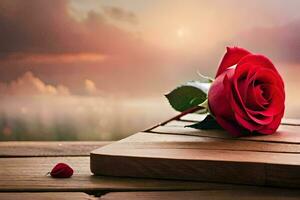 a single red rose sits on a wooden table with a sunset in the background. AI-Generated photo