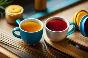 two cups of tea sit on a wooden table. AI-Generated photo