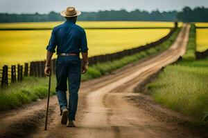 a man walking down a dirt road with a cane. AI-Generated photo