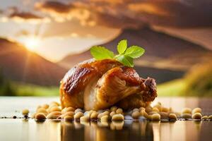 chicken with beans and herbs on the table. AI-Generated photo