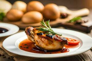 a chicken breast with sauce and vegetables on a plate. AI-Generated photo