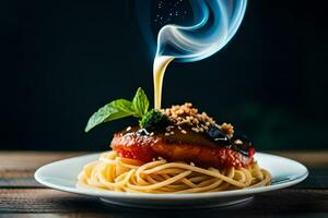 espaguetis con salsa y carne en un lámina. generado por ai foto