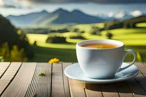 a cup of tea on a table in front of a mountain view. AI-Generated photo