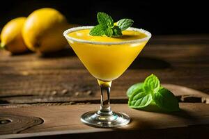 a cocktail with lemon and mint on a wooden table. AI-Generated photo