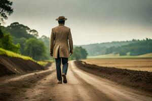 a man in a suit and hat walking down a dirt road. AI-Generated photo