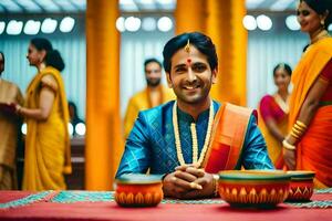 a man in an indian wedding outfit sits at a table with his family. AI-Generated photo