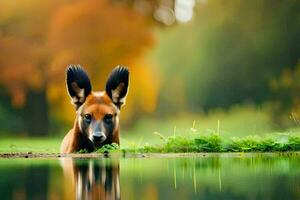 un perro es en pie en el agua con sus orejas atrás. generado por ai foto