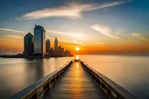 a pier leads to a city skyline at sunset. AI-Generated photo