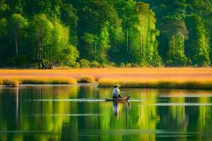 a man is rowing a boat on a lake surrounded by tall grass. AI-Generated photo