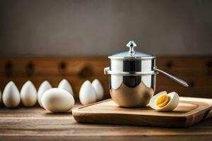 a silver coffee grinder and a half boiled egg on a cutting board. AI-Generated photo