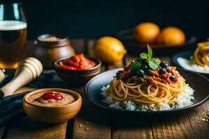 spaghetti with meat sauce and vegetables on a wooden table. AI-Generated photo