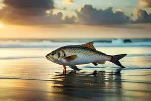 un pescado es caminando en el playa a puesta de sol. generado por ai foto