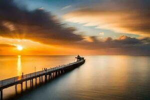 un largo exposición fotografía de un muelle a puesta de sol. generado por ai foto