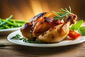 a chicken with rosemary and tomatoes on a plate. AI-Generated photo
