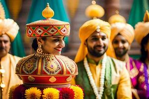 a bride and groom in traditional indian attire. AI-Generated photo