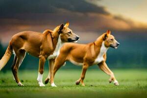 two brown dogs walking in the grass. AI-Generated photo